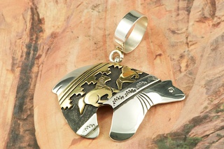 Beautiful Sterling Silver Bear with Gold Fill Pueblo and Horse Design overlay. Free 18